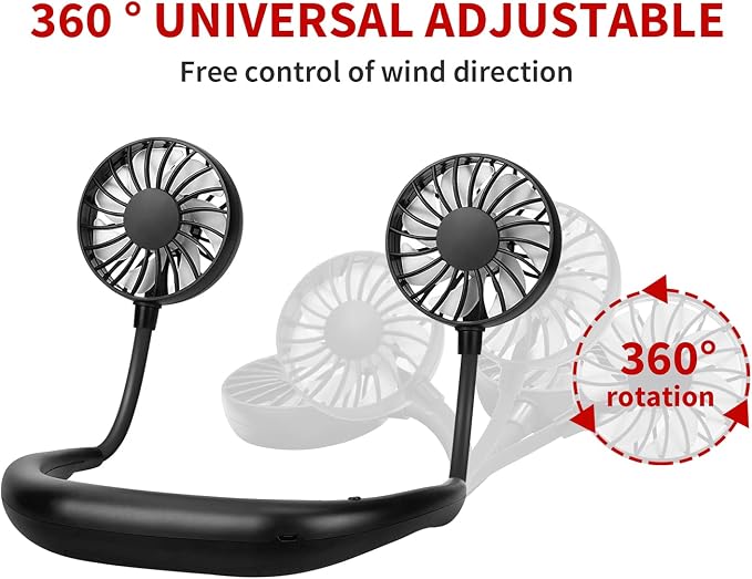 JUANANIUG Portable Neck Fan Rechargeable Personal HandFree Fan Mini USB Wearable Neckband Sport Fan 3 Speed Adjustable 360 Degrees Rotation Perfect for Working Traveling Office Reading (Full Black) - Image 2