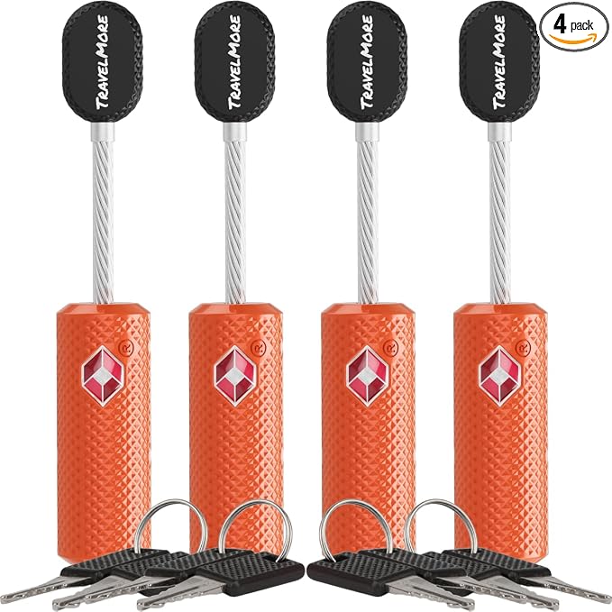 TSA Approved Locks for Luggage with Keys, Secure Travel Locks | Durable, Flexible Cable, Zinc Alloy Body, Easy to Use, Compact, for Suitcases, Backpacks, Cases, Zippers, 4-Pack, Orange by TravelMore
