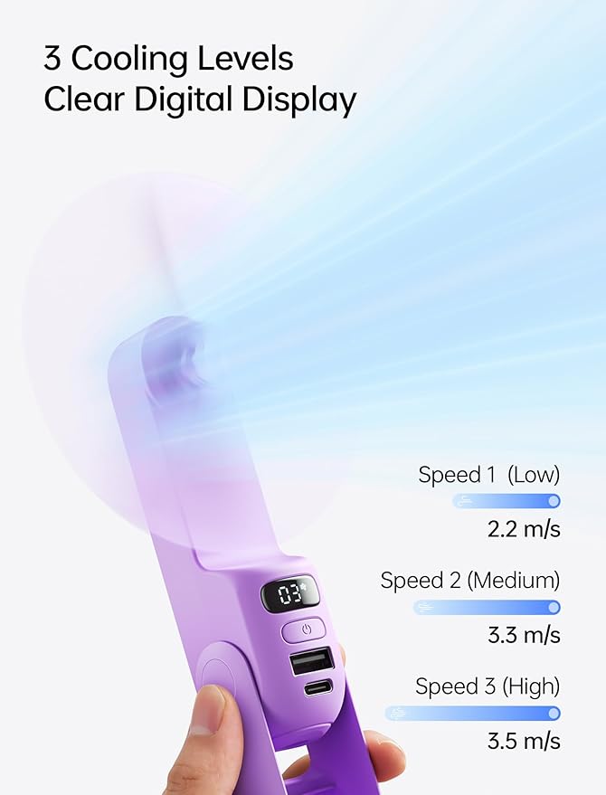 JISULIFE Portable Handheld Fan, 3 In 1-Fan, Power Bank, Flashlight, Purple | Mini Cooling Essential for Outdoor, Small, On-the-Go Pocket Hand Design, 24 Hours, Auto Shut-Off Safety Soft Blade - Image 4