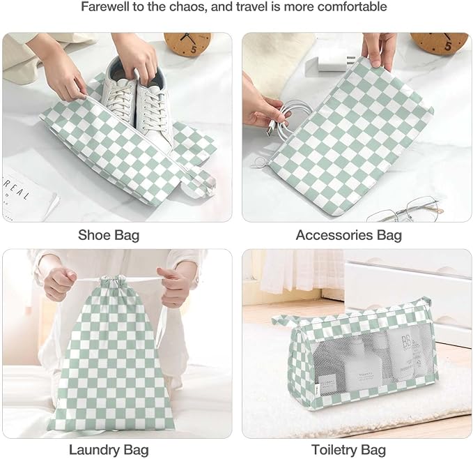 8 Set Packing Cubes for Suitcases,Suitcase Organizer with Shoe,Cosmetics,Clothing, and Accessories Bags for Travel Luggage Organizer Women Men(Green Checkered) - Image 5
