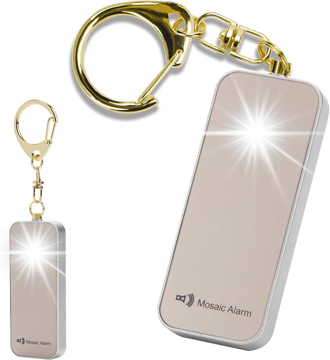 Ultrathin Personal Alarm Rainproof Ultra-Lightweight (0.8 oz) Bulky-Free Keychain Siren for Women, Students Safety. SOS Emergency 130db Hiking Alert Strobe Light. Replaceable Battery. Gold by MosaicAlarm