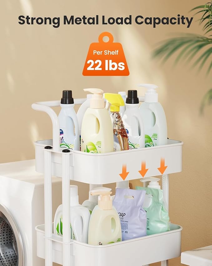 Pipishell Metal 4 Tier Rolling Cart with Handle & 2 Lockable Wheels, White | Four Large 2" Wheels for Easier Movement, Sturdy Metal, Hold 22 lbs per Shelf, Ventilated Mesh Design, for Office and Kitchen - Image 6