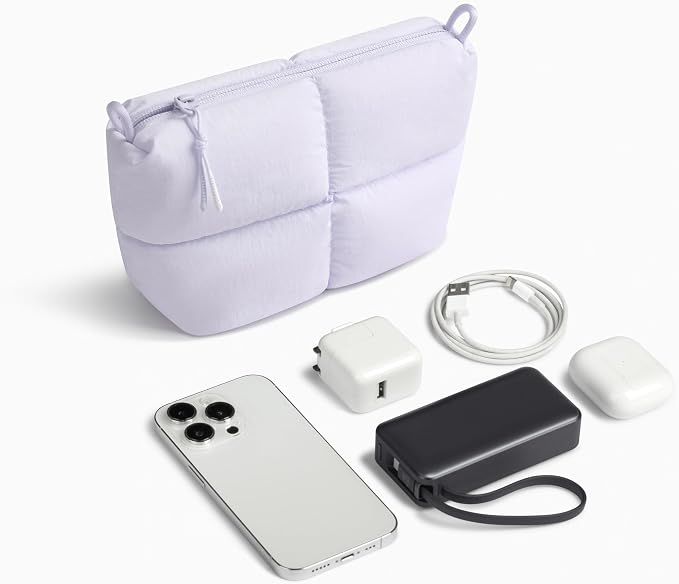 Comfyable Puffy Electronics Organizer Travel Case, Cute Tech Pouch for Women Men, Cable Storage Bag for Charger, Phone, Power Bank, Cord, Compact Tech Accessories Pouch, Lavender - Image 6