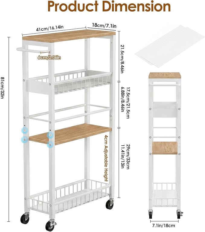 Slim Rolling Storage Cart, 4 Tier Narrow Storage Cart, 7.1in(W) | Metal Kitchen Rolling Cart for Small Spaces, Narrow Shelf for Kitchen, Laundry Room, Bathroom, Living Room - Image 3