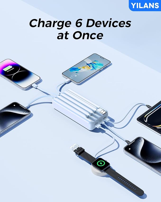 YILANS Portable Charger 50000mAh, 22.5W Power Bank with Built-in 4 Cables | Charges 6 Devices, Fast Charging Travel Essential, External Battery Phone Pack for iPhone 17-12, for Samsung/Android/iPad - Image 3