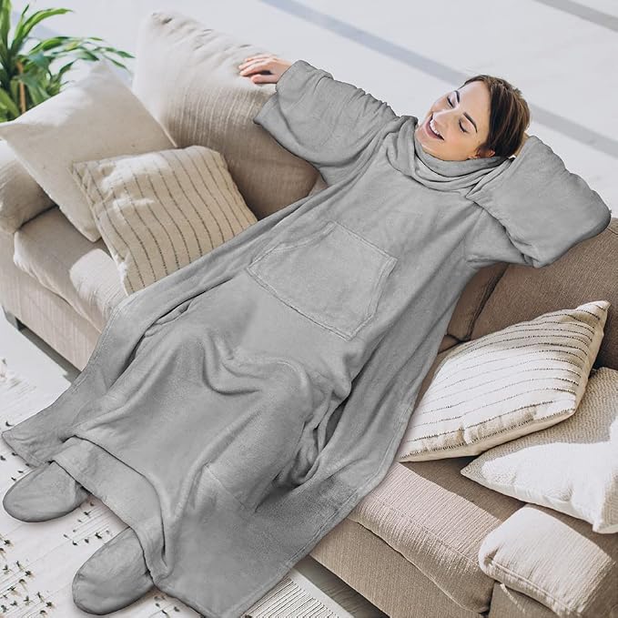 PAVILIA Fleece Blanket with Sleeves, Foot Pockets for Women Men Adults, Plush Wearable Blanket Throw Wrap, Warm Snuggle Blanket Robe, Cozy Gift Ideas Wife Mom, Light Gray - Image 3