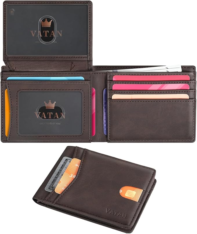 VATAN Wallet for Men Slim RFID Blocking Leather Credit Card Holder Wallet for 15 Cards, Bifold Minimalist Thin Wallet with 2 ID Windows & Cash Slot, With Gift Box (Crazy Horse Deep Brown) by VATAN