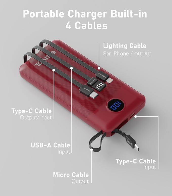 Portable Charger with Built in Cables, Slim 10000mAh Power Bank, USB C Battery Pack Travel, 4 Output 2 Input External Charging Bank for iPhone 17/16/15/14/13,Samsung, Android, etc-Red(1 Pack) - Image 3