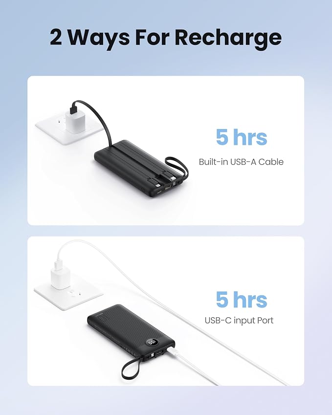 Portable Charger with Built-in Cables, Slim 10000mAh Power Bank with USB C, Travel Essentials External Battery Pack 5 Outputs 2 Inputs LED Display Compatible with iPhone/Android & More(Black) - Image 6