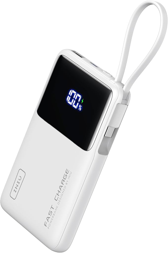INIU 10000mAh Portable Charger, Smaller 45W Fast Charging Travel Power Bank | Flight-Safe for Travel, Built in USB C Cable, LED Display, Battery Pack for iPhone 17 16 Pro, Samsung S26, iPad etc, White by INIU