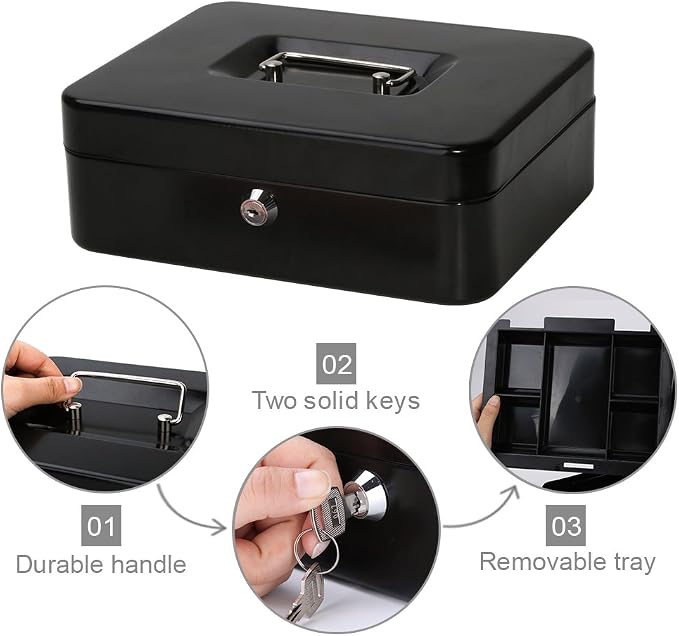Decaller Large Cash Box with Money Tray, Metal Money Box with Key Lock for Home or Business, 9.83" x 7.82" x 3.41", Black - Image 4