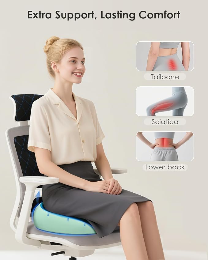 Seat Cushion, Memory Foam Cushion for Office Chair, Ergonomic Office Seat Chair Cushion for Relieving Sciatica, Soft & Breathable Car Seat Cushion - Green - Image 2