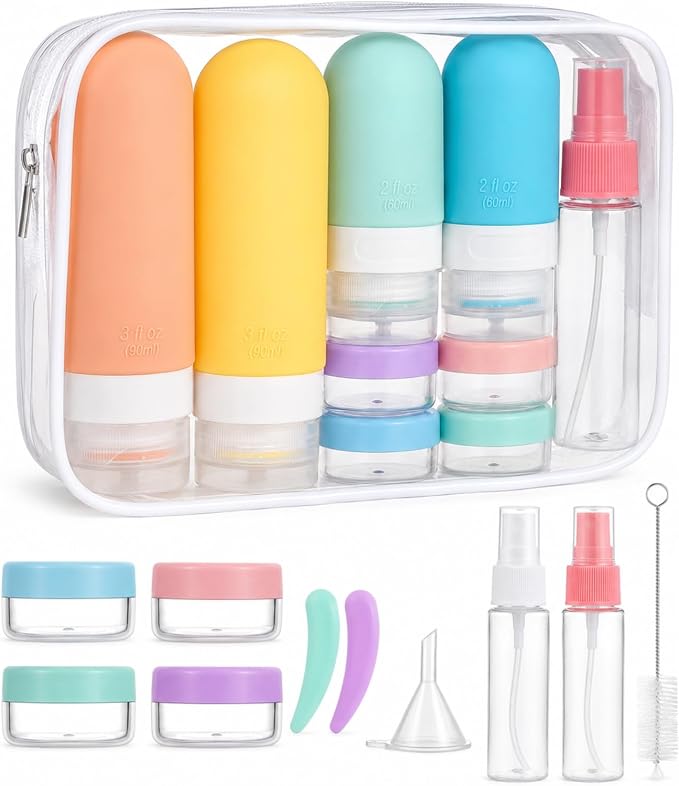 16Pcs Travel Bottles for Toiletries - TSA Approved Travel Bottles Set, Leak Proof Squeezable 3oz Portable Refillable Silicone Travel Bottles for Shampoo, Conditioner, Sprays, Clear Bag (Colorful) by Unknown