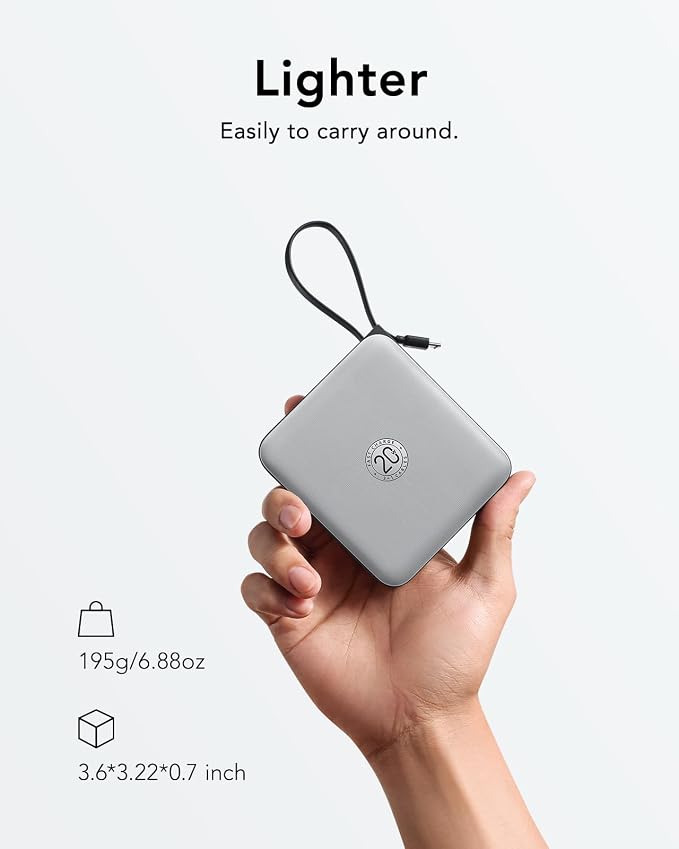 VRURC Portable Charger with Built-in Cables, 10000mAh 22.5W Fast Charging | Compact Battery Pack with LED Display, Cell Phone Power Bank for iPhone 17/16/15 Series , Samsung Galaxy & USB-C Devices,Grey - Image 4
