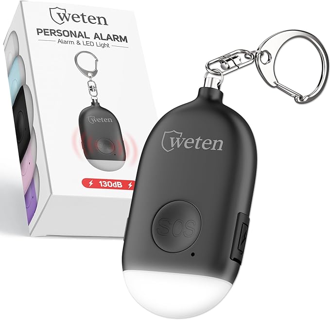 Rechargeable Personal Alarm Keychain for Women, 130dB Siren, Black | LED Light, Stylish Safety Alert for Women to Carry, Panic Button or Pin Activated Rape Whistle for Self Defense by WETEN