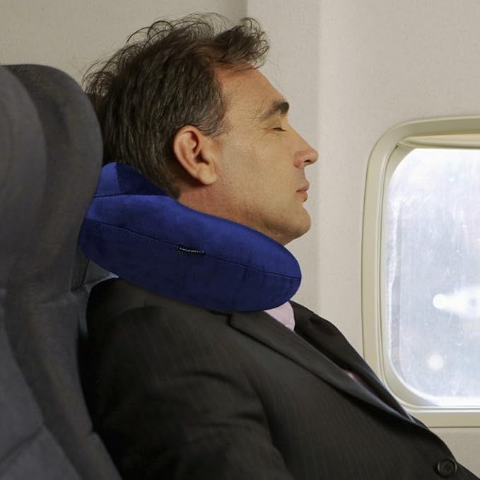 Inflatable Travel Pillow for Airplane, Soft Velvet Inflatable Travel Neck Pillow for Airplanes, Train, Car, Home and Office with Packsack & Comfortable Velvet - Blue - Image 6