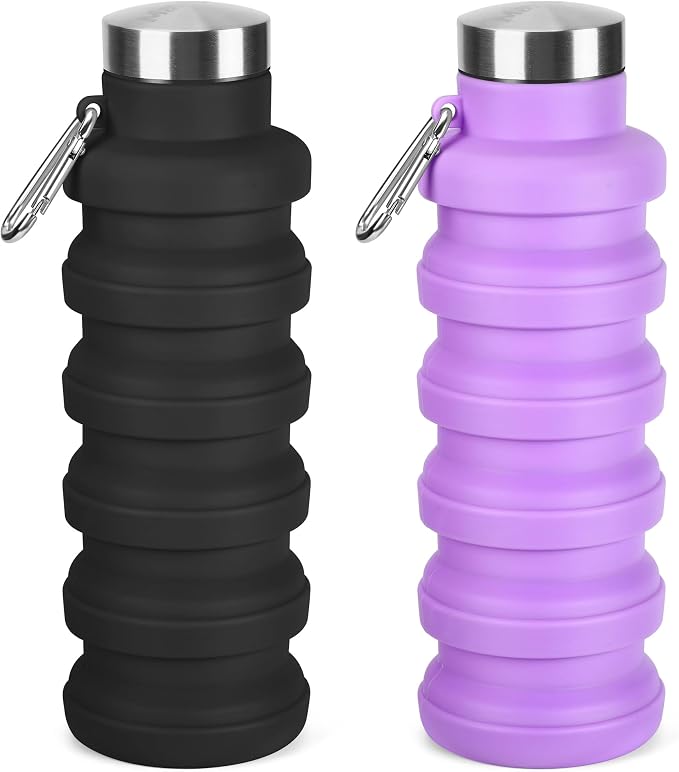 Collapsible Water Bottle, 16oz Portable Reusable Silicone Water Bottle with Carabiner for Gym, Travel, Camping, Hiking, Sports, Lightweight, BPA-Free, Leak-Proof, Foldable Design(Black+ Purple) by HOME