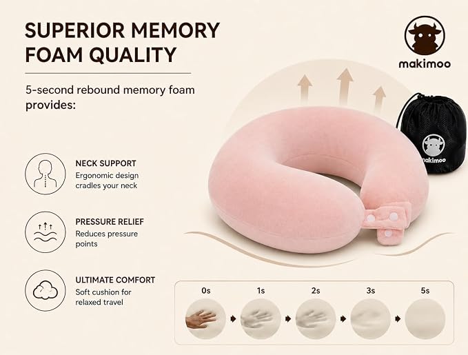 Travel Neck Pillow, Top Memory Foam Pillow for Head Support, Ideal for Airplanes, Cars, and Home Recliners, Adjustable and Soft (Pink) - Image 6