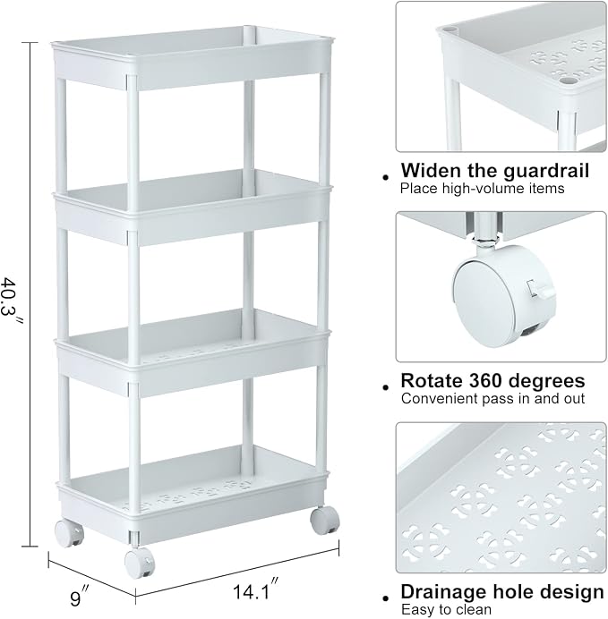 Sooyee 4 Tier Wide Storage Cart Mobile Shelving Unit Organizer Slide Out Storage Rolling Utility Cart Tower Rack for Kitchen Bathroom Laundry, Plastic & Stainless Steel,White - Image 7