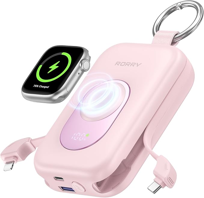 RORRY CharmGo Portable Charger, 20000mAh PD 30W Portable Charger Power Bank | Built-in Cables, Fast Charging Keychain Portable Battery Pack, Travel Essentials for iPhone, Apple Watch, iPad by RORRY