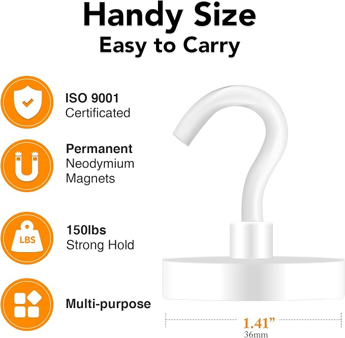 Magnetic Hooks Heavy Duty 170LB Super Strong Hook for Cruise | Neodymium Earth Magnets with Hook for Hanging Magnetic Metal Hanger for Fridge Toolbox Storage White 4 Pack - Image 4