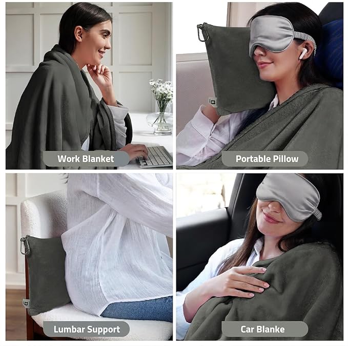 Travel Blanket, Airplane Blanket, Ultra-Soft, Warm & Lightweight, 65x40 in, Outdoor Blanket Essentials for Women, Men & Kids, Included Eye Mask, Luggage Sleeve & Backpack Clip Dark Grey - Image 5