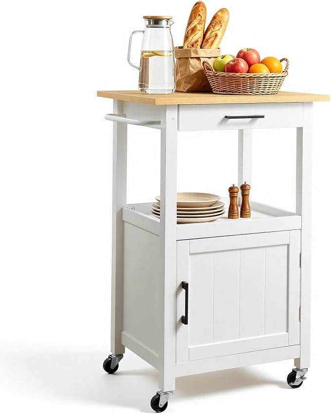VEVOR Kitchen Island Cart with Single Door Cabinet, Mobile Carts with Drawer, Towel Rack, Hooks, Portable Table on Swivel Wheels, Small Coffee Islands Microwave Stand for Dining Room, 18x23 in, White by VEVOR