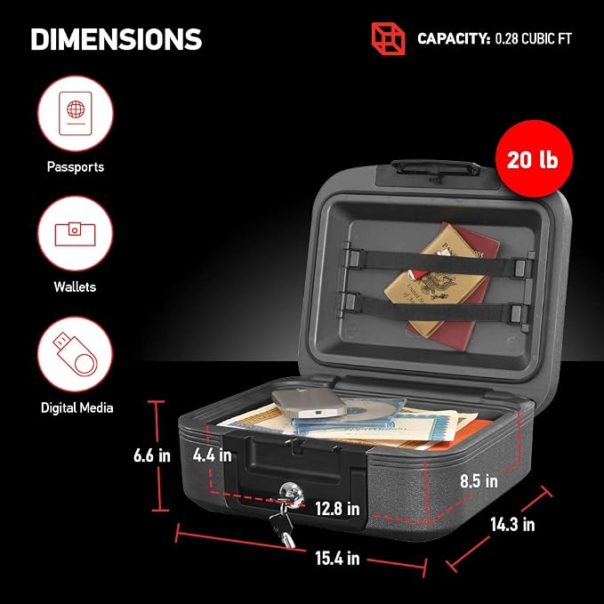 SentrySafe Charcoal Gray Fireproof and Waterproof Safe Box with Key Lock, Portable Chest for Money, Passport, 0.28 Cubic Feet, 6.6 x 15.4 x 14.3 Inches, CHW20221 | Fire and Water Resistant Protection, Key Lock Security, Portable Chest Safe Protects Val... - Image 6