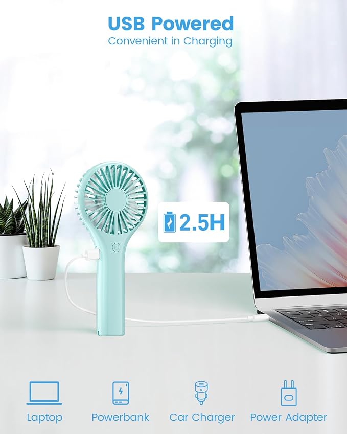 Edvision Portable Mini Fan - Powerful Personal Handheld Fan with 3 Speeds, Cute and Small, USB Rechargeable for Travel/Lash/Makeup/Outdoor/Home, Blue - Image 5