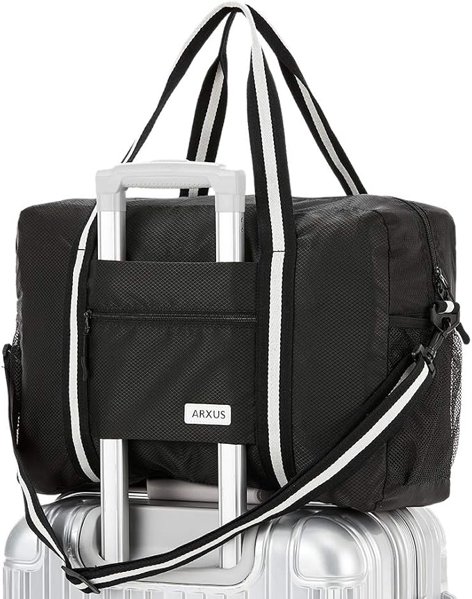 Carry On Travel Bag, Lightweight Foldable Packable Tote Bag 25L | Water Repellent, Expandable Travel Duffle with Luggage Sleeve and Shoulder Strap for Men Women by Arxus