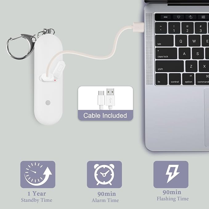 Personal Safety Alarm - Waterproof Rechargeable Security Alarm - 140dB Extra Loud Siren & Strobe Light - Self Defense Keychain - Gift for Women, Teenagers, College Girls, Seniors (White) - Image 5