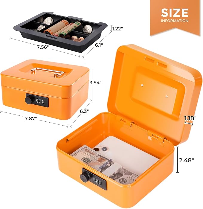 Cash Box with Money Tray and Combination Lock Metal Money Box Change Lock Box for Money 7.87" x 6.3" x 3.54" Orange - Image 4