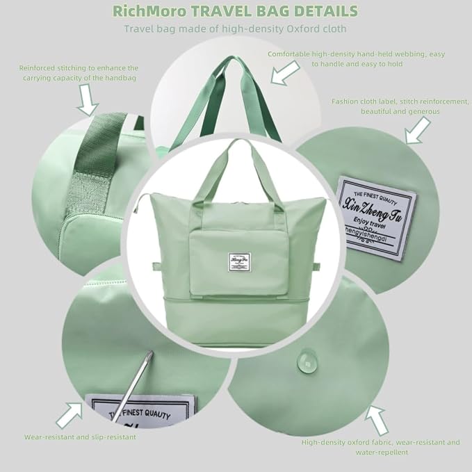 Large Capacity Foldable Travel Bag, Expandable lightweight Carry on Bag, Dry with Wet Separation Spor Duffel Bags (Light Green) - Image 5