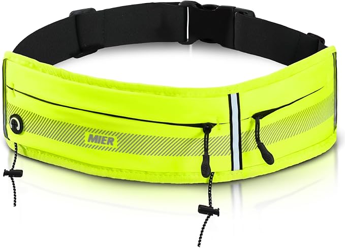 MIER Running Belt for Women & Men, Fanny Pack with Marathon Bib Clip, Neon | Slim Adjustable Phone Holder Pouch; Reflective Waist Packs for Running Essentials; Waterproof Zipper Pockets by MIER