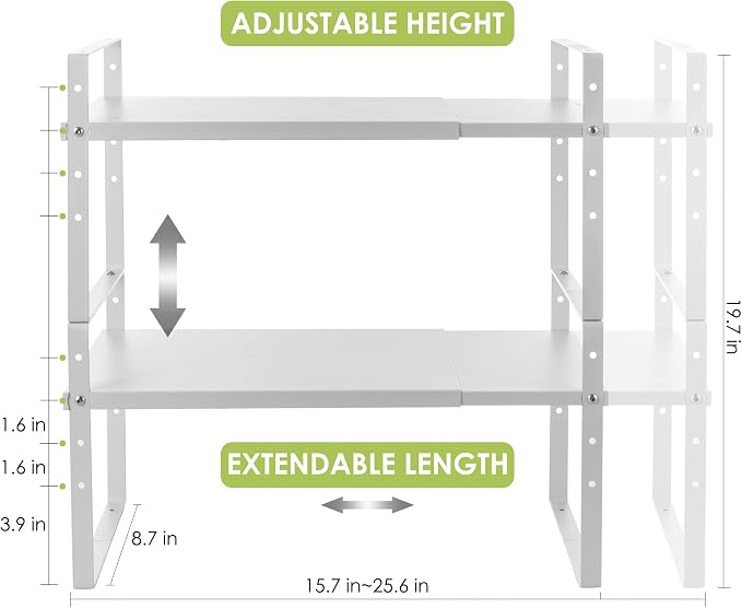 Across-Star Expandable Cabinet Shelf Organizer Rack, Stackable Kitchen Counter Storage Shelves Stand, Adjustable Height Pantry Shelf Spice Rack (White, 2 Pack) - Image 5