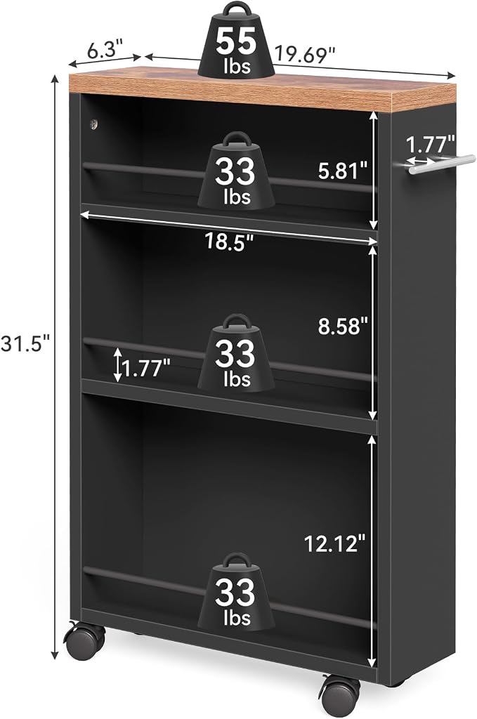 LITTLE TREE Slim Rolling Storage Cart, 3 Tier Snack Cart with Wheels for Kitchen, 6.3 Inch Wide Bathroom Organizer Shelves, Wooden Utility Cart for Laundry Room, Black - Image 7