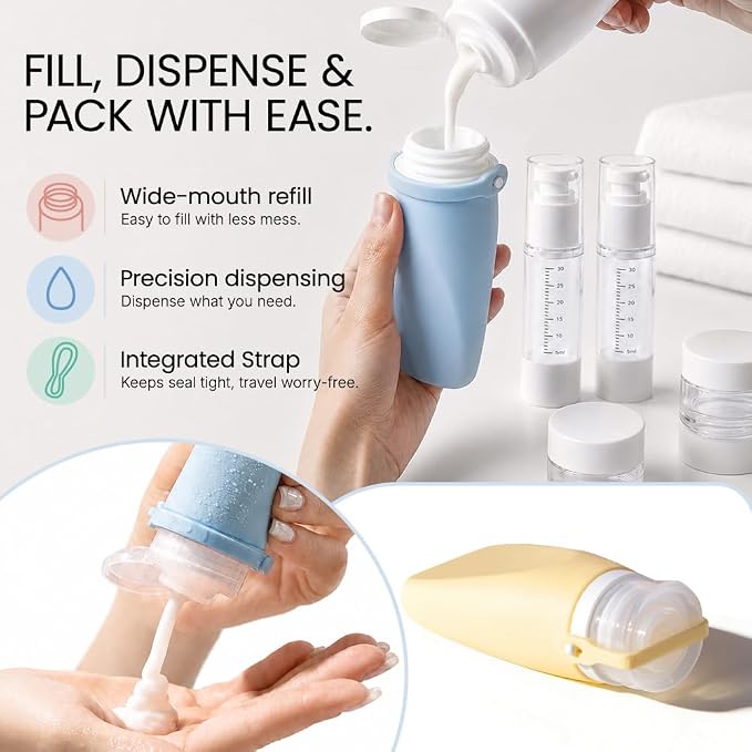 Silicone Travel Bottle Sets for Toiletries, TSA Approved Size | Ultrasonic, Leak-Proof, Squeezable, Refillable, Sets with Labels, For toiletries, Silicone - Image 4