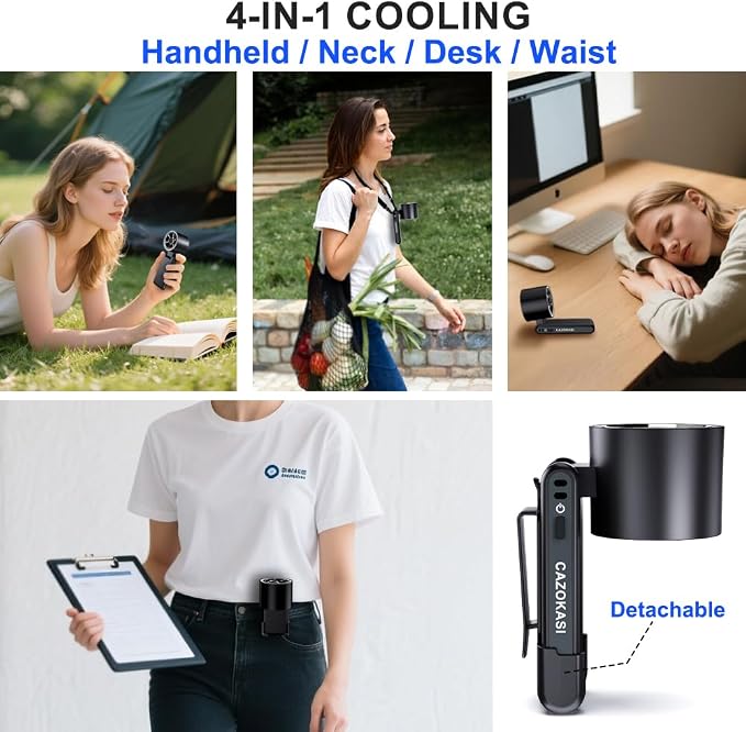 CAZOKASI Rechargeable Strong Wind Handheld Fan With Ambient Lighting 4 IN1 5000mAh Upto 22H For Desktop Waist Clip Neck (StrongWind/Black) - Image 3