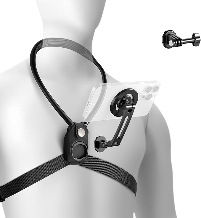 NEEWER Magnetic Neck Holder for Action Camera & Phone, Hands Free Neck Mount with Chest Strap Compatible with GoPro DJI Insta360 iPhone, Phone Holder for POV Vlog Video Recording, GP26 by Neewer