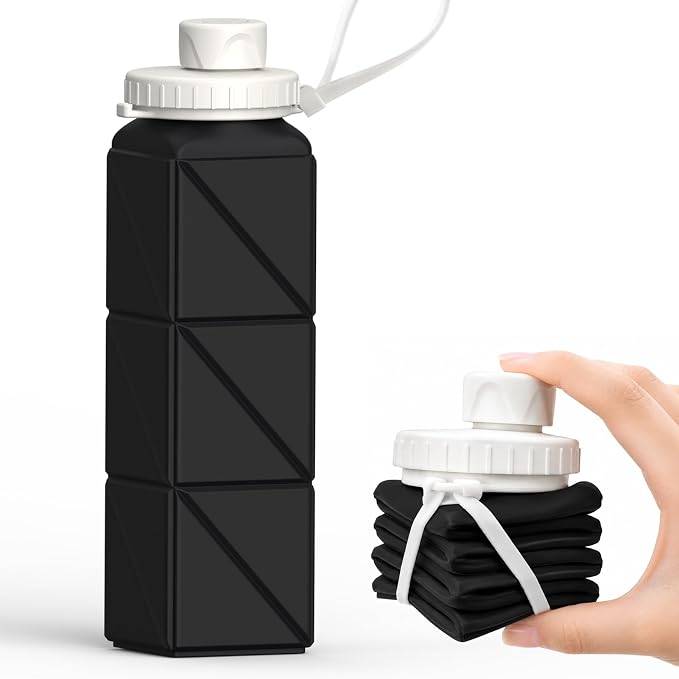 BEAUTAIL Collapsible Water Bottles 21oz/610mL, Silicone Travel Water Bottle | BPA Free, Leakproof & Reusable, Foldable Water Bottle for Traveling, Hiking, Gym, School, Sports, Outdoor, 1-Pack, Black by BEAUTAIL