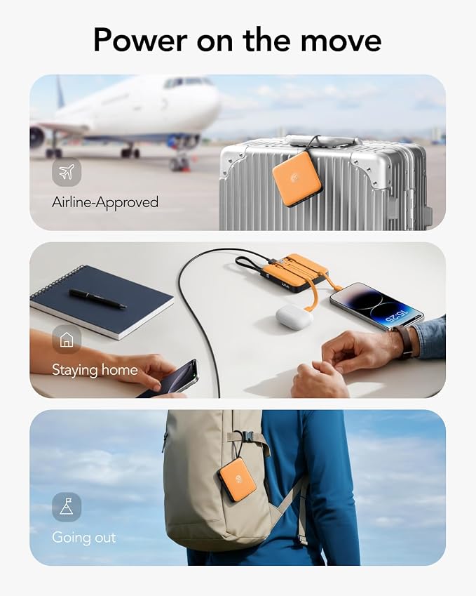 Portable Charger USB C for iPhone, 10000mAh Power Bank with Built-in Cables | 22.5W Fast Charging, LED Display, Slim, for iPhone 17 Pro Max & 16/15 Series (Orange) - Image 4