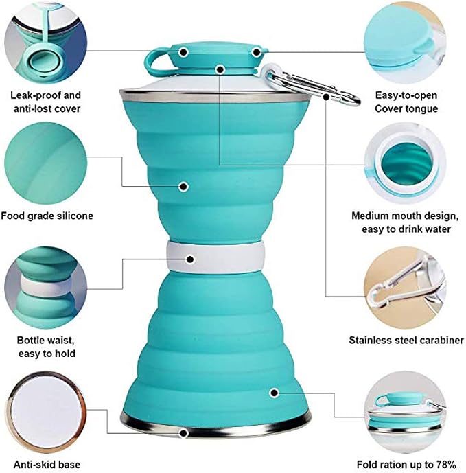 Collapsible Water Bottle, Camping Cup With Carabiner, Reuseable Silicone Foldable Leak Proof Portable Sports Travel Water Bottles For Outdoor, Travel Gym Hiking, BPA Free, Cycling Cups with Carabiner - Image 4