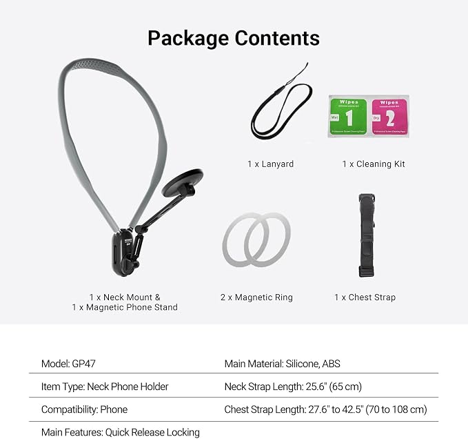 NEEWER Magnetic Phone Neck Holder, Quick Release Cell Phone Chest Mount Stand Adjustable Compatible with MagSafe iPhone Samsung Android, Accessories Kit for POV Vlogging Selfies Video Recording, GP47 - Image 8
