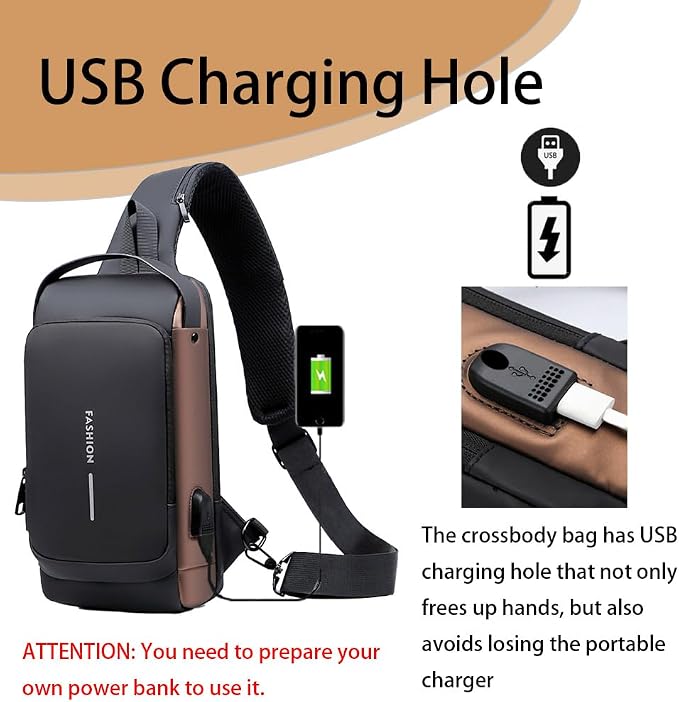Travel Sling Bag Waterproof Crossbody Bag with Combination Lock Anti-Theft PU Leather Chest Bag with USB Charging Hole Shoulder Backpack Motorcycle Bags Black-gold - Image 5
