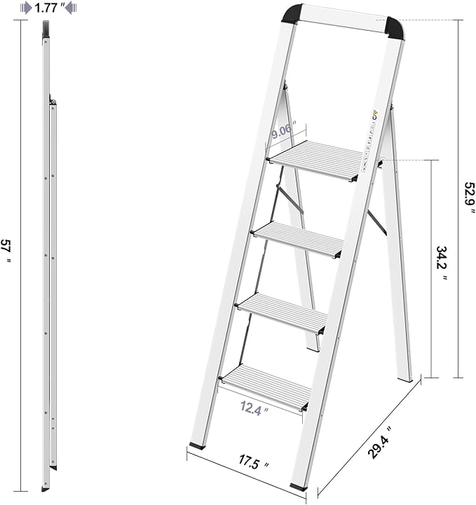 KINGRACK Aluminium 4 Step Ladder, Lightweight Step Stool with Non-Slip Pedals, Handrail, Foldable Step Ladder for Kitchen, Garage, Home, Space Saving, Sturdy and Portable, Silver - Image 6