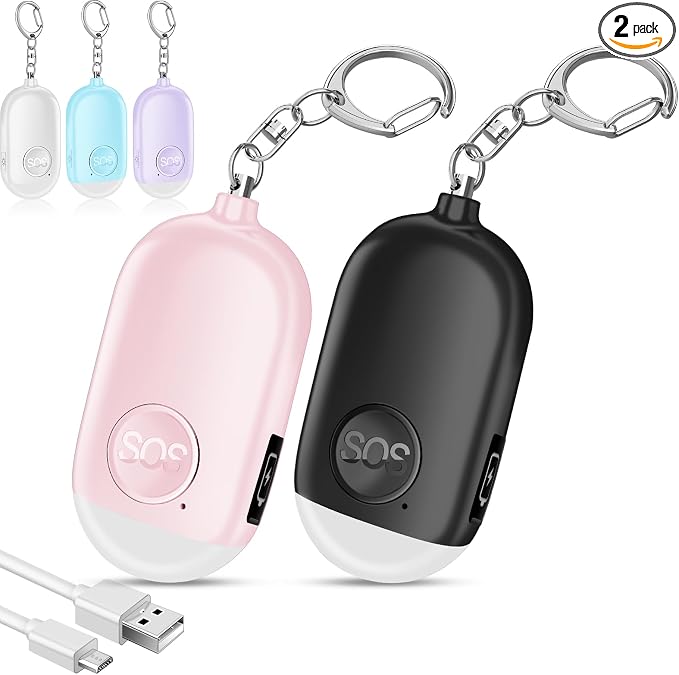 Hion Personal Safety Alarm for Women, 2 Pack Rechargeable 130dB Self Defense Alarm Keychain with LED Flashlight, Emergency Safe Sound Security for Children Elderly College Girls, Black+Pink by Hion