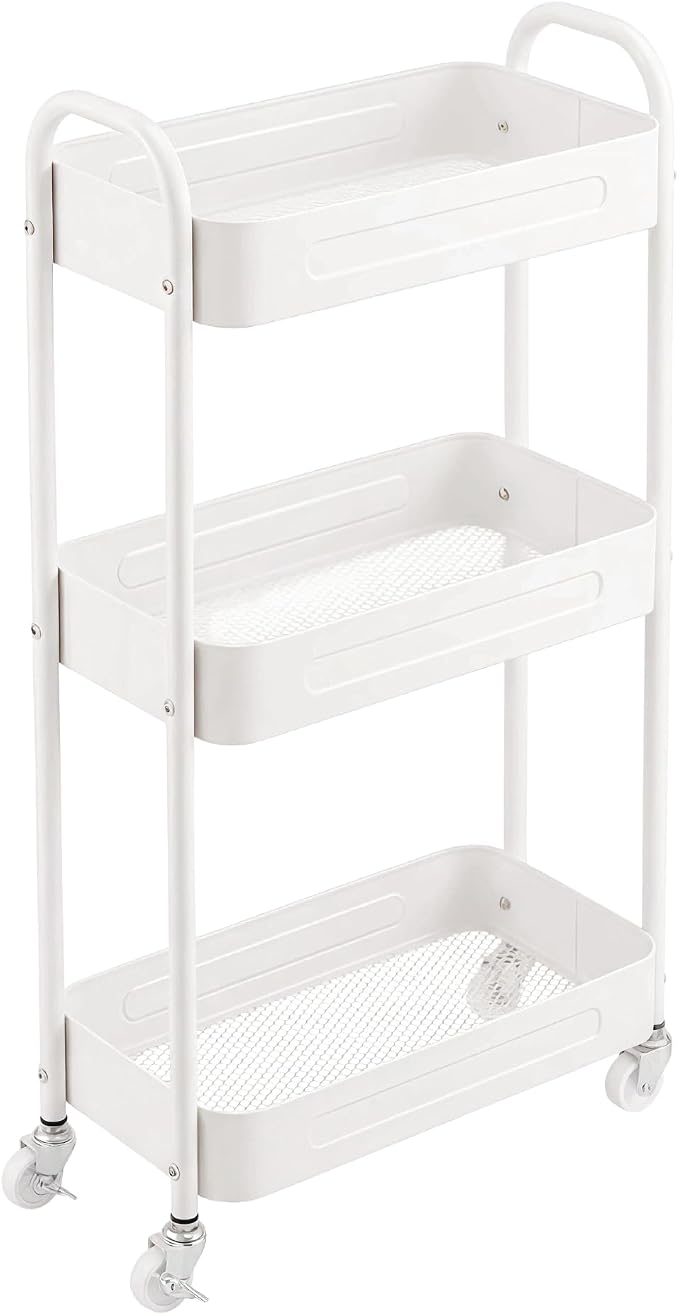 3 Tier Narrow Rolling Storage Cart for Laundry Room Bathroom Kitchen, 7.1'' Slim Utility Cart with Wheels and Lockable Casters Standing Shelf for Small Space & Between Washer and Dryer, White by LIWNYRK