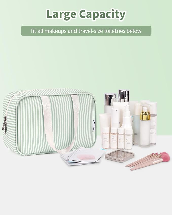 Full Size Toiletry Bag Women Large Cosmetic Bag Travel Makeup Bag Organizer Medicine Bag for Toiletries Essentials Accessories (Mint Green Stripe, Large) - Image 5