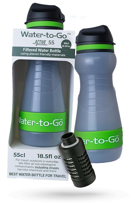 Water-to-Go Travel Water Filter Bottle, 18.5oz/55cl | Compact Filtered Water Bottle for International Travel, Removes Viruses, Eco-Friendly Bioplastic, New Leakproof Lid by WATERTOGO
