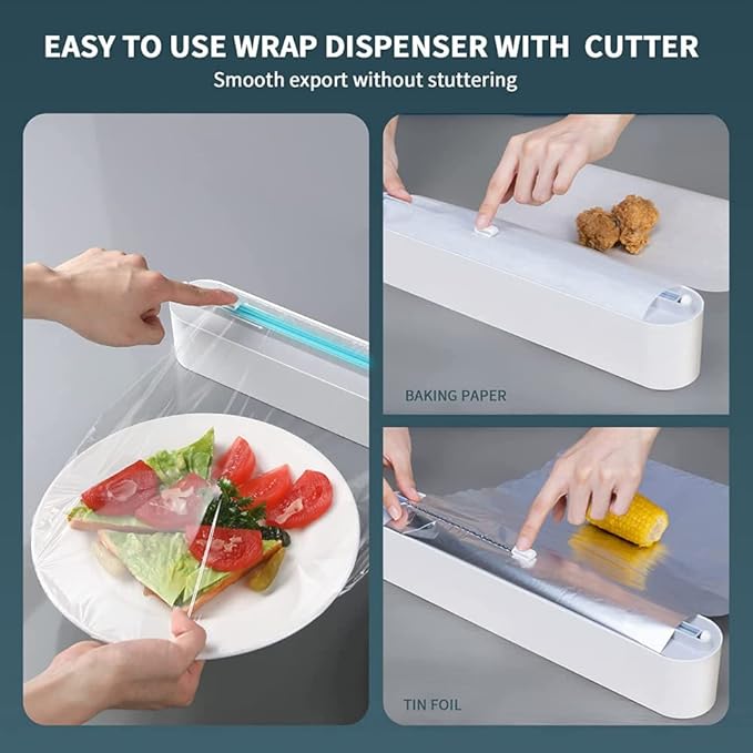 Refillable Magnetic Plastic Wrap Dispenser With Slide Cutter, Sturdy Food Cling Film Cutter, Press and Seal Wrap, 12" x 328' Roll BPA Free - Image 4